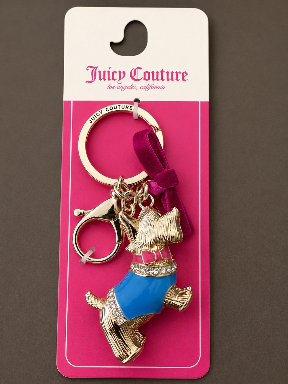 Juicy Couture Scottie Dog Keychain Gold Tone Rhinestone Blue Pink Charm NWT